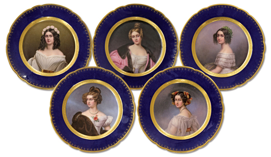 This lot of 12 German hand-painted porcelain cabinet plates, late 19th century, from the Franz Xavier Tallmaier Studio sold for an impressive $22,610. Clars Auction Gallery image.