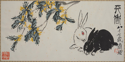 Qi Baishi (1864-1957), ‘Rabbits Under Osmathus Tree,’ ink and color on paper. Sold for $383,500 in December Asian sale. Michaan’s Auctions image.
