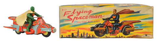 Bandai (Japan) tin friction Flying Spaceman Superman cycle with original box. Est. $12,000-$18,000. Morphy Auctions image. 