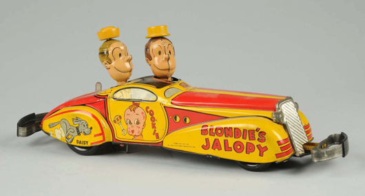 Marx tin litho wind-up Blondie’s Jalopy toy car with very scarce original box (not shown). Est. $1,200-$1,800. Morphy Auctions image. 
