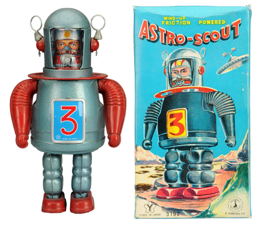 Yonezawa (Japan) tin litho and painted tin crank-wind Astro Scout robot with original box. Est. $5,000-$7,000. Morphy Auctions image. 