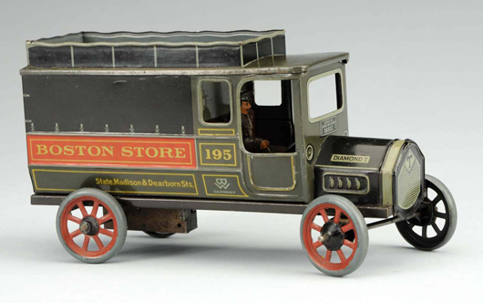 Bing tin wind-up Diamond T truck advertising Boston Store – State, Madison & Dearborn Sts. Est. $2,000-$3,000. Morphy Auctions image.  