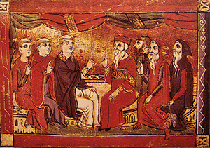 An example of art in an early Byzantine-era Greek Catholic church depicts a debate between Catholics and Oriental Christians, circa 1290. Public-domain source: Atlas des Croisades, Jonathan Riley-Smith.