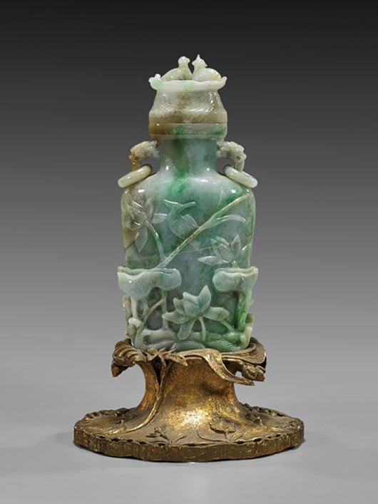 Chinese carved jadeite covered urn vase/lamp, 19th century, 10 3/4 inches. Estimate: $4,000-$6,000. I.M. Chait Gallery / Auctioneers image.