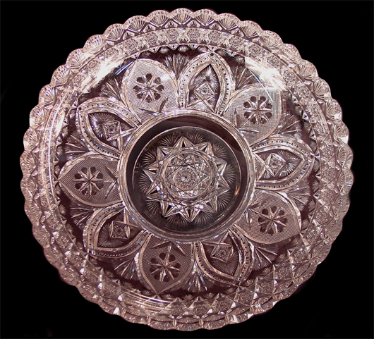 American Brilliant Cut Glass console bowl, very heavily cut and 15 inches in diameter. Price realized: $4,140. Stevens Auction Co. image.