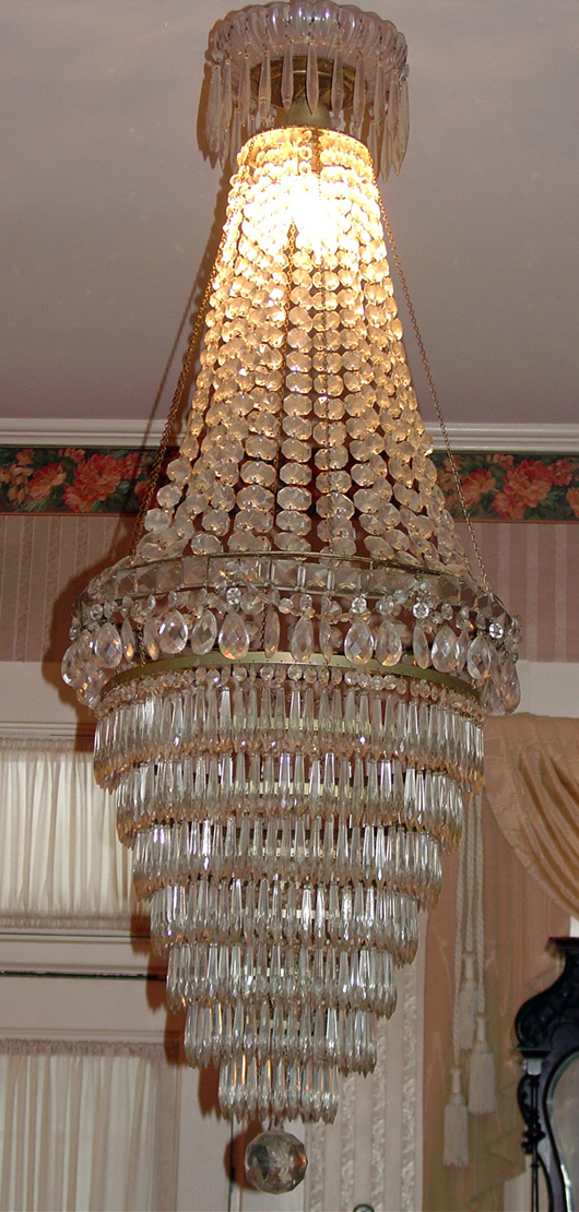 Victorian eight-tiered crystal chandelier with silver rings and 30-35 strands of roping. Price realized: $3,910. Stevens Auction Co. image.