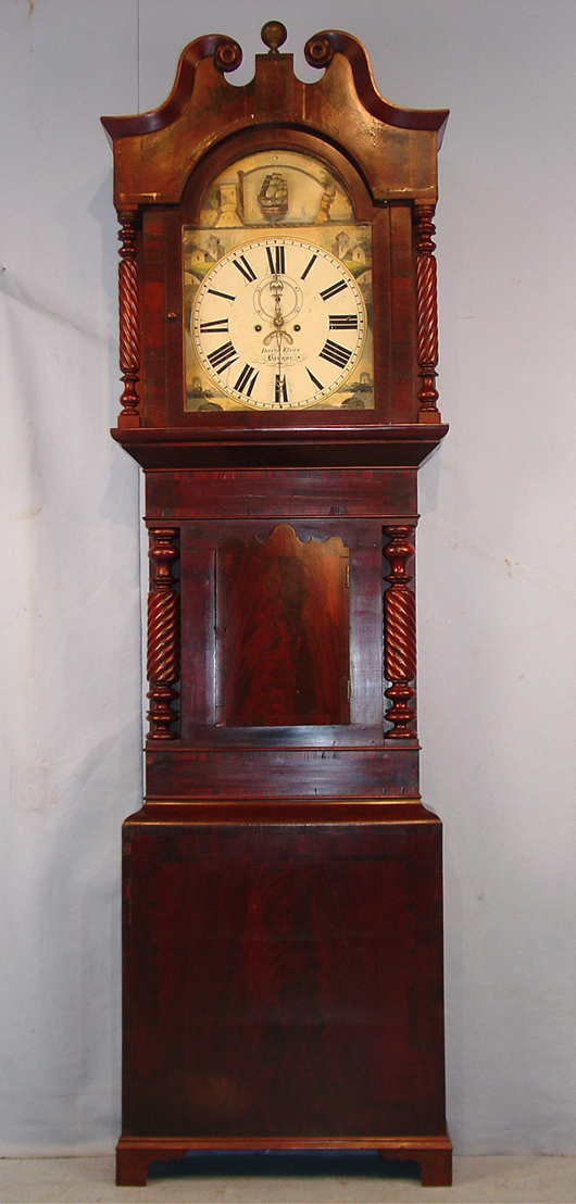 Beautiful early grandfather clock made by David Elias Bangor, 97 inches in height. Price realized: $2,875. Stevens Auction Co. image.