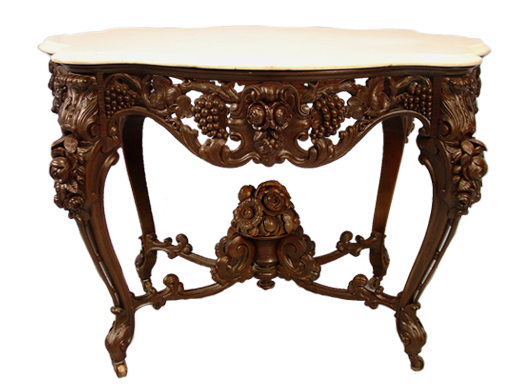 Rosewood rococo marble turtle-top parlor center table attributed to J. & J. W. Meeks. Price realized: $33,350. Stevens Auction Co. image.