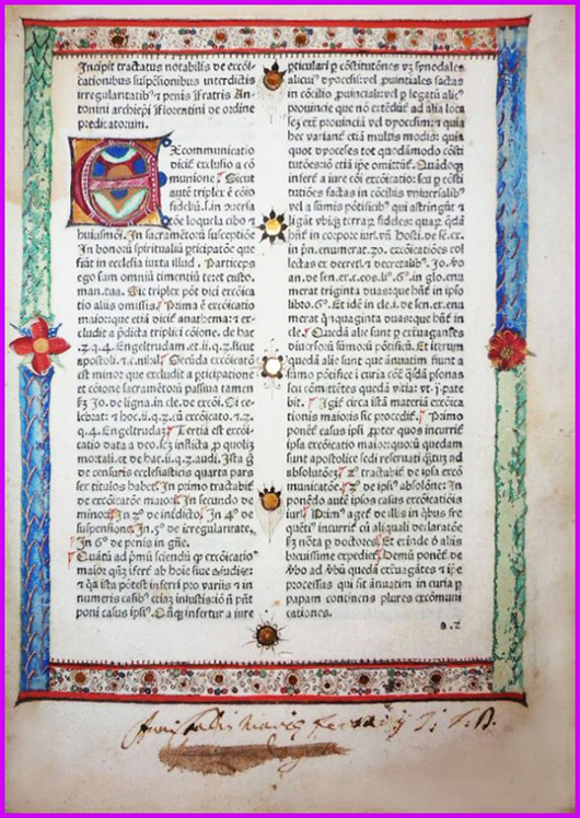 Rare illuminated incunable of Saint Antoninus Florentinus’ early treatises ‘On excommunication’ and ‘On marriage’ in its monastic binding. Bibliopathos Auctions image.