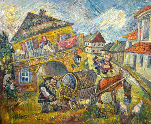 Two original works by Russian artist David Burliuk, including this townscape, will be sold. Louis J. Dianni LLC image.