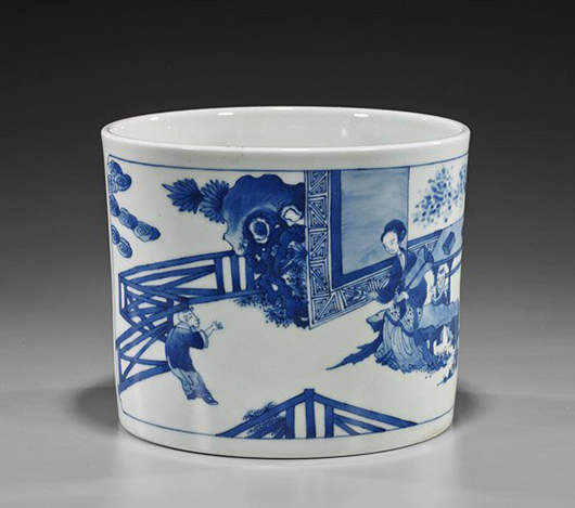 Chinese blue and white porcelain brush pot. I.M. Chait Gallery / Auctioneers image.