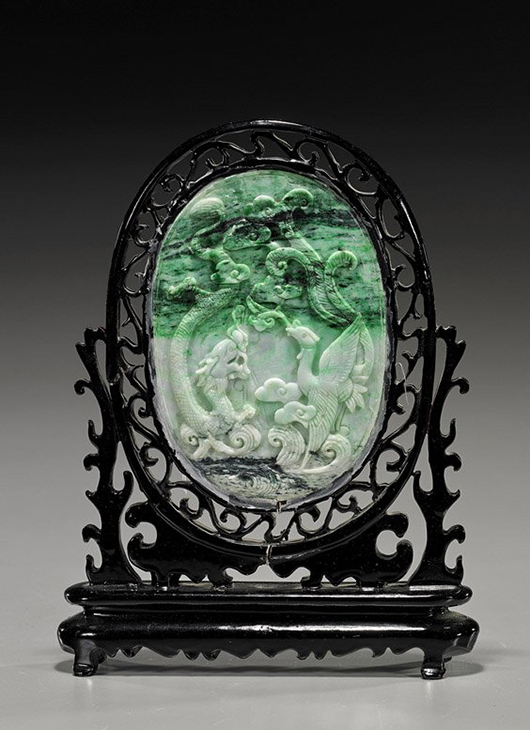 Chinese carved jadeite oval table screen. I.M. Chait Gallery / Auctioneers image.