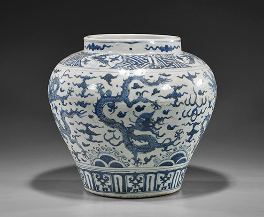 Massive Chinese blue and white porcelain jar. I.M. Chait Gallery / Auctioneers image.