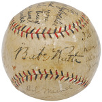 The “I’ll Knock a Homer For You” baseball autographed by Babe Ruth and inscribed by five other New York Yankees. Grey Flannel Auctions image.