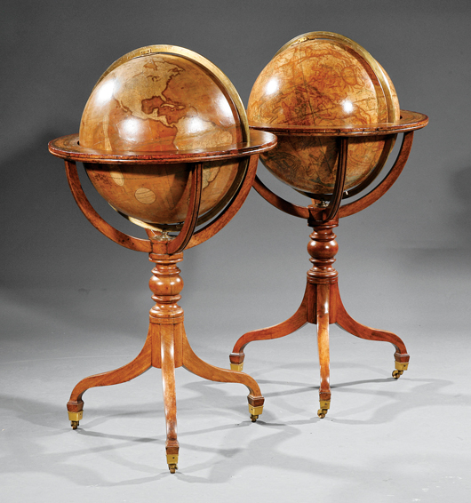 Pair of Georgian 18-Inch library globes, circa 1833, by Smith, London. Estimate: $25,000-$35,000. Neal Auction Co. image.