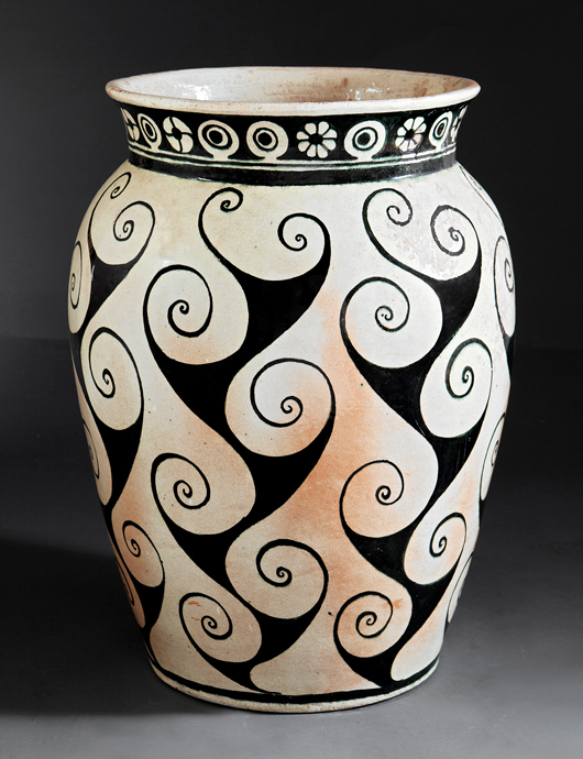 Rare Shearwater Pottery jardiniere, circa 1940, thrown by Peter Anderson and decorated by James McConnell ‘Mac’ Anderson, 26 3/4 inches high. Estimate: $15,000-$25,000. Neal Auction Co. image.