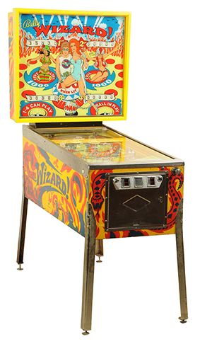 Bally ‘Wizard’ pinball machine with characters from the rock musical ‘Tommy’ portrayed by Roger Daltrey and Ann-Margret, 1975, est. $1,000-$1,500. Morphy Auctions image.