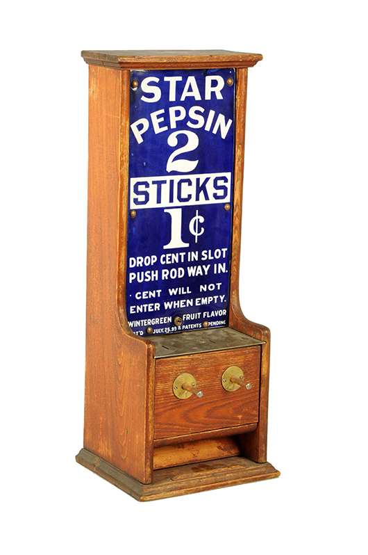 Star Pepsin Gum machine with cobalt blue and white sign, circa 1899, one of three known, est. $10,000-$15,000. Morphy Auctions image.