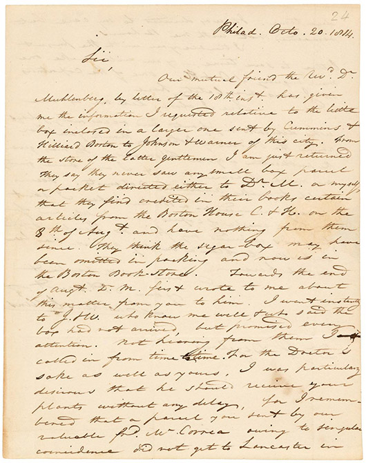 Jacob Bigelow archive of 44 autograph letters signed that illuminate the foundations of botanical science. PBA image.