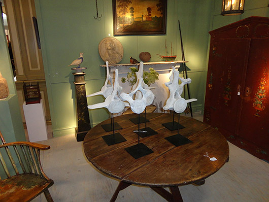 This set of seven whale bones from Greenland were for sale on the stand of Dutch dealer Gaby van Hagen at the Decorative Antiques and Textiles Fair in Battersea Park, priced at £165 ($272) each or £1,000 ($1,650) for the seven. Image Auction Central News.