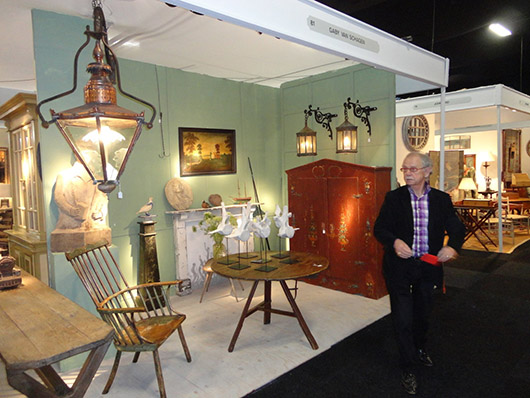 The stand of Dutch dealer Gaby van Hagen at the Decorative Antiques and Textiles Fair in Battersea Park on Jan. 24. Image Auction Central News.