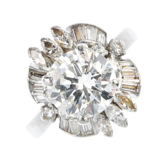 Lot 137, diamond ring stands with a center stone of 2.69 carats and 1 carat of surrounding stones. Fellows image.
