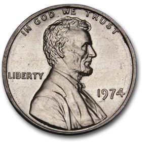 Obverse of the 1974 aluminum cent. Image courtesy of Wikimedia Commons.