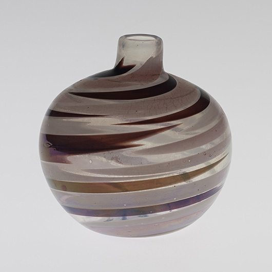 While the world was at war in 1942, Scarpa and Venini produced a rare series of glass forms that look like they were decorated with brushstrokes or Pennellate of color. Collectors pay a premium for examples of this technique; this small vase sold for $74,500 in June 2013. Courtesy Wright Auctions.