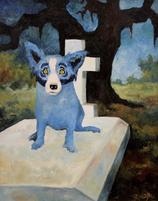 This painting of the famous Blue Dog by the late New Orleans artist George Rodrigue  will be offered with an estimate of $25,000-$35,000. Clars Auction Gallery image.