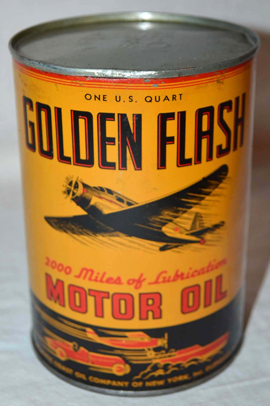 Golden Flash Motor Oil quart can with images of airplanes, cars and boats. Estimate $2,000-$3,000. Morphy Auctions image.
