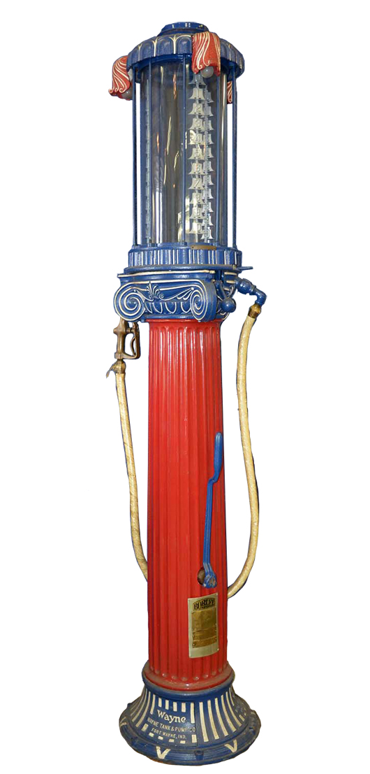 Wayne Model #491 10-gallon ‘Roman column’ visible gas pump with glass cylinder, restored. Estimate $15,000-$25,000. Morphy Auctions image.