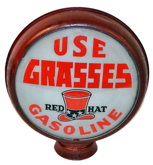 Gas pump globe advertising Grasses Red Hat Gasoline. Estimate $6,000-$8,000. Morphy Auctions image.