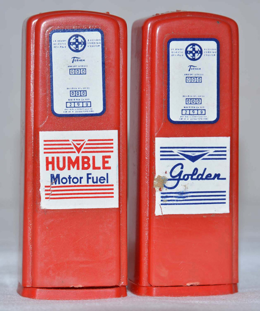 From the John Jarvis collection of gas station premium salt and pepper shakers, a pair advertising Humble Motor Fuel and ‘Golden,’ 2.75in tall. Estimate $1,500-$2,000. Morphy Auctions image.