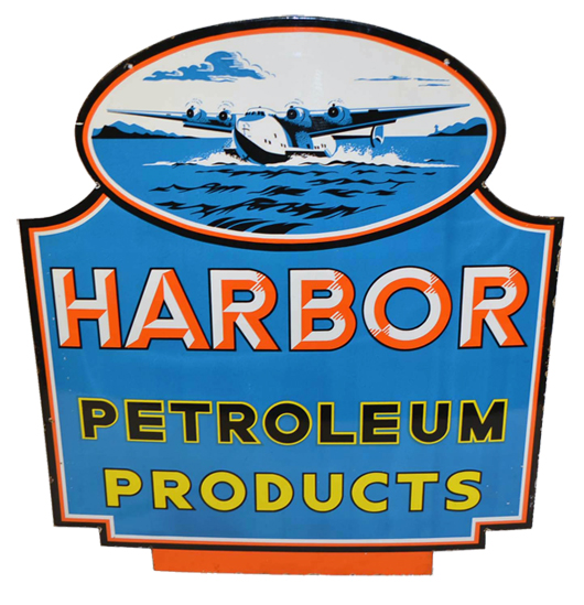 Harbor Petroleum Products double-sided porcelain sign in superior condition, 39 x 35in. Estimate $40,000-$60,000. Morphy Auctions image.