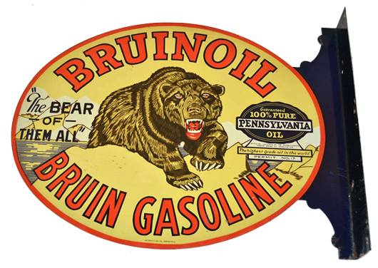 Brunoil Gasoline tin flange sign with bear image, 14 x 18in. Estimate $15,000-$25,000. Morphy Auctions image.
