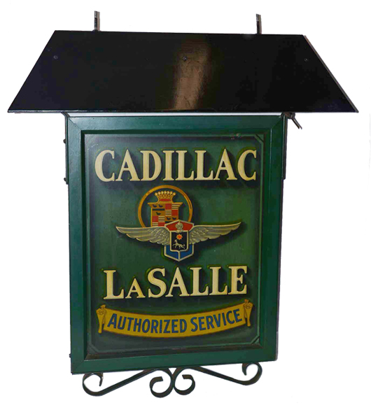 Cadillac-LaSalle Authorized Service metal sign with hood to accommodate a light, 19 x 24in. Estimate $10,000-$15,000. Morphy Auctions image.