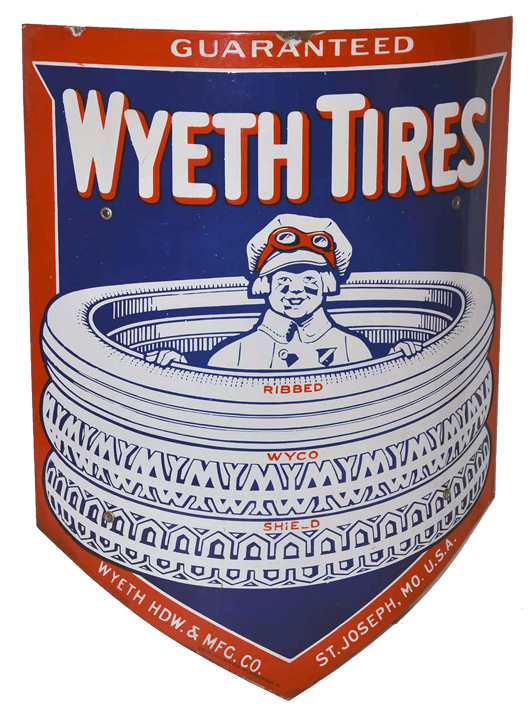 Wyeth Tires curved metal sign with image of boy in early driver’s coat, hat and goggles, 22 x 16in. Estimate $20,000-$30,000. Morphy Auctions image.