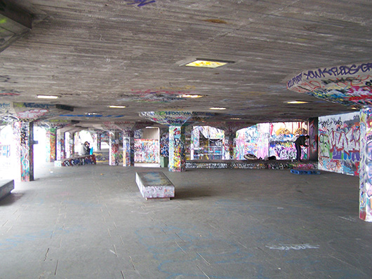 The undercroft skate park below the Queen Elizabeth Hall, which forms part of Southbank Centre arts complex. Image by T.frewin.This file is licensed under the Creative Commons Attribution-Share Alike 3.0 Unported license.