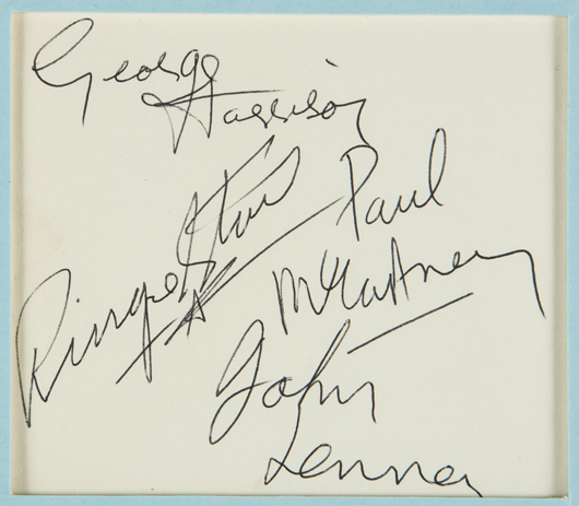 The signatures of George Harrison, Ringo Starr, Paul McCarney and John Lennon on the page from an autograph album. Estimate: £1,000-£1,500. Dreweatts & Bloomsbury Auctions image.