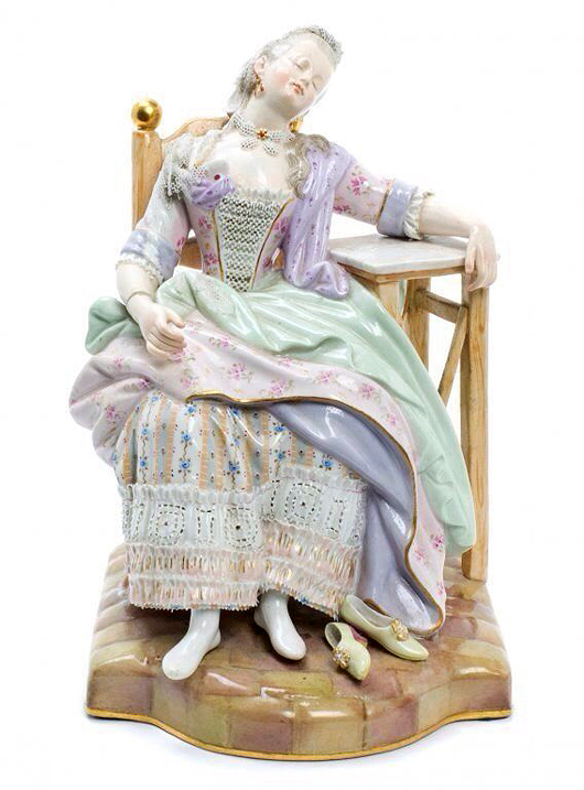 Meissen figure of a napping lady, circa 1870, crossed-swords marks and incised numbers, 7 1/2 inches high. Estimate: $1,000-$1,200. Don Presley Auctions image.