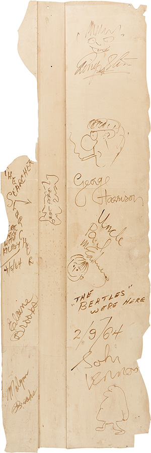 The Beatles signed the 4-foot-by-2-foot section of a backdrop wall from the New York theater where The Ed Sullivan Show took place.The piece could realized $800,000 to $1 million when it's auctioned April 26. Heritage Auctions image.