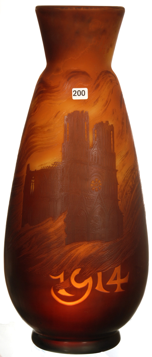 Museum-quality signed Galle French cameo art glass, ‘Burning Cathedral’ vase, 20 inches tall, dated 1914. Woody Auction image.