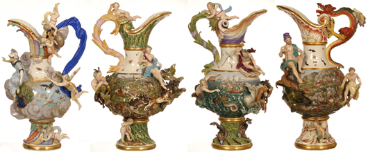 Beautiful set of four pedestal-handled Meissen ewers from the Elemental Series, depicting earth, wind, fire and water. Woody Auction image.