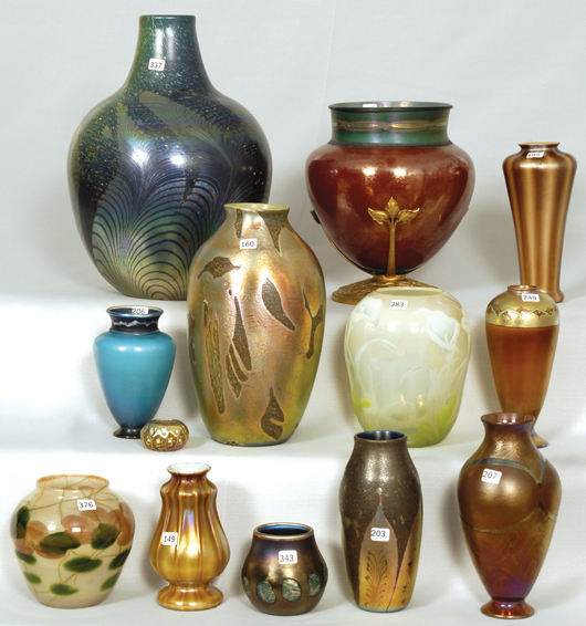The name Tiffany will be chanted frequently throughout the day. These wonderful art glass pieces will all be sold. Woody Auction image.