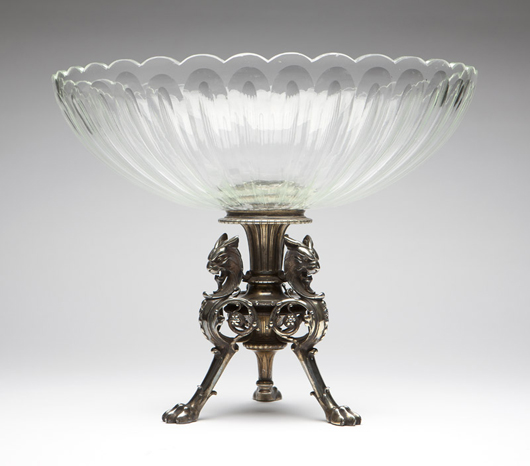 Made in the late 19th century, this silver-plated center bowl by the French firm Christofle is one of the numerous silver items by important makers that Moran’s is offering (estimate: $3,000-$4,000). John Moran Auctioneers image.
