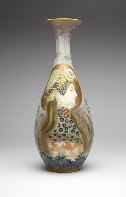 This Amphora Pottery vase, decorated with a portrait of the ‘Summer Queen,’ is one of four vases in Moran’s sale by the Bohemian factory Reissner, Stellmacher and Kessel (estimate: $6,000-9,000). John Moran Auctioneers image.