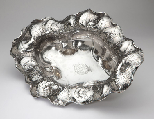Adorned with stylized blossoms, this .950 silver bowl by Gorham was made in 1899 as part of the firm’s Art Nouveau Martele line (estimate: $15,000-$20,000). John Moran Auctioneers image.