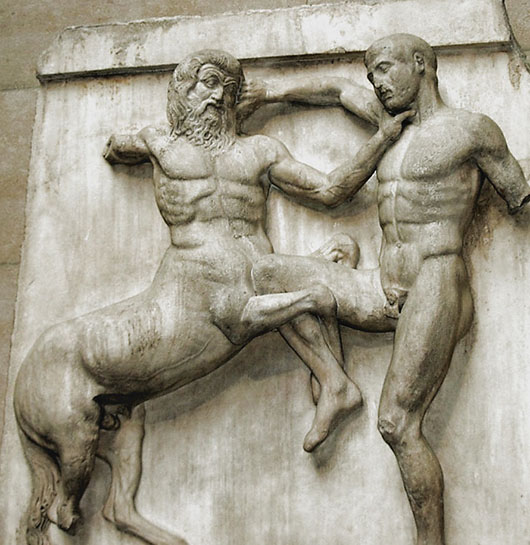 Lapith fighting a centaur, South Metope 31, Parthenon, circa 447-433 B.C., from the Elgin Marbles collection housed at The British Museum, Parthenon Galleries. Photo by Adam Carr, licensed under the Creative Commons Attribution-Share Alike 3.0 Unported license.