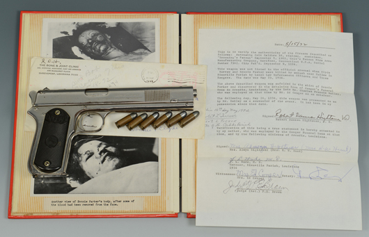 Outlaw Bonnie Parker’s Colt .38 pistol, retrieved from her dead body at a Louisiana funeral home, sold to an anonymous buyer for $99,450. The lot included six bullets still in the chamber and a photo archive. Case Antiques image.