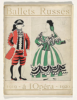 The cover of this program book for the 1919-1920 Ballets Russes production of 'Le Tricorne' shows two of Picasso's (Spanish, 1881-1973) costume designs. Fair use of a low-resolution image to show the particular artistic technique Picasso used in creating art for 'Le Tricorne.' Image obtained through Wikipedia, original source: National Gallery of Australia.